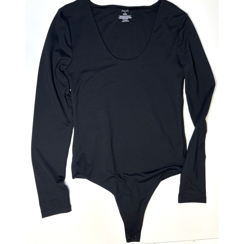 Nuuds Small Long Sleeve Scoop Neck Thong Bodysuit Black Stretch‎ Womens